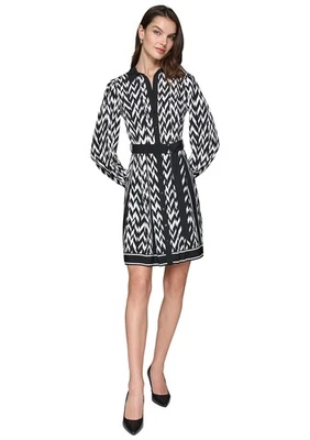 NUEVO CON ETIQUETAS $149 KARL LAGERFELD Vestido Manga Larga Corbata Cintura Chevron Espiga 14 L Foto 1 de 4