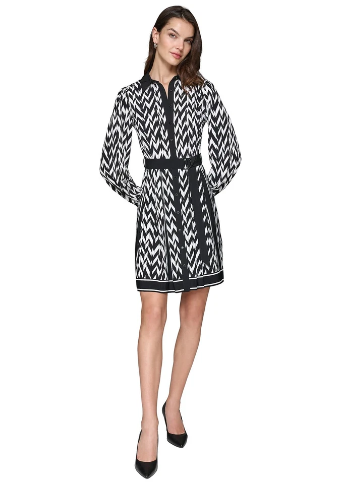Vestido Chevron Herringbone de manga comprida novo com etiquetas $149 Karl Lagerfeld cintura amarrada 14 L - Imagem 1 de 4