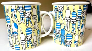 Juego de dos tazas de té Jewel Cat 8 oz a rayas blanco azul amarillo hecho en Japón - Imagen 1 de 13