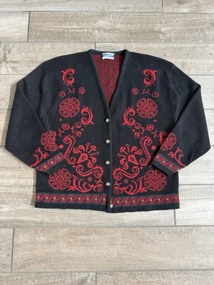 Cárdigan de lana virgen Pendleton de colección para mujer XL negro rojo floral tejido apretado Foto 1 de 4