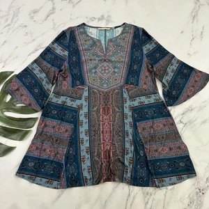 Weiche Umrandung Zuzi Tunika Top Gr. L blau rosa bestickt Samtbesatz Boho - Bild 1 von 12