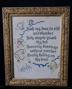 VINTAGE HAND EMBROIDERED/CROSS STITCH SAMPLER ON LINEN GOD BLESS BABY... - Picture 1 of 11