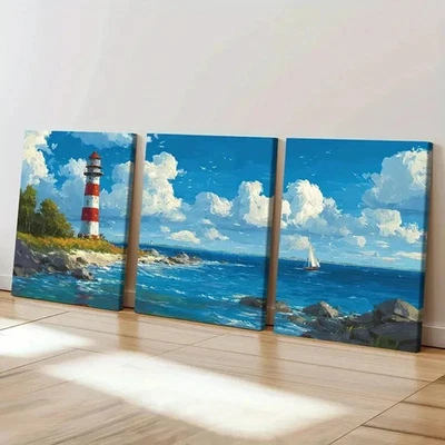 3pcs Australian Cape Moreton Lighthouse Wall Art Canvas Framed 50x70cm - Image 1 of 2