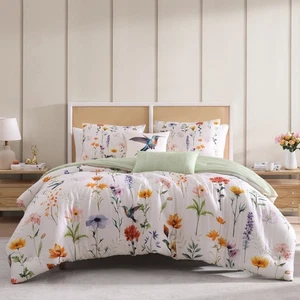 Spring Muse 5 Piece Reversible Comforter Set 100% Cotton 200 Thread Count-Queen - Picture 1 of 12
