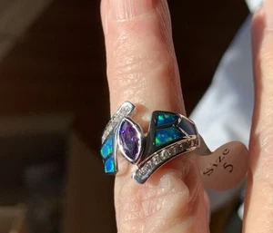 New 18k White Gold Filled Blue Opal Inlay -Amethyst Center W/CZs Each Side Ring - Picture 1 of 7