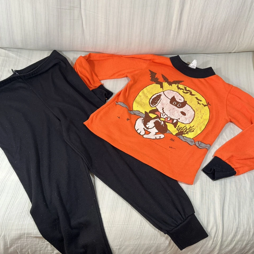 罕见复古花生史努比万圣节衬衫裤子套装尺寸 6/7 睡衣 60 年代 70 年代 N1 — 第 1/4 张图片