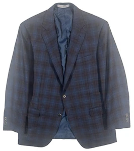 navy blue brown plaid Samuelsohn blazer jacket sport suit coat flannel wool 42 S - Picture 1 of 12