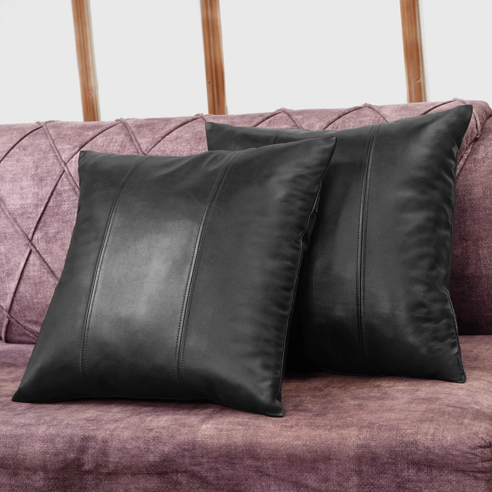Funda de almohada de cuero negro genuino de piel de cordero funda de cojín para sofá habitación y cama Foto 1 de 4