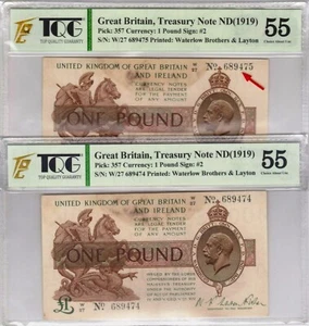Mazuma *GN749 TQG/PMG Great Britain 1919 1 Pound W27 689474-475 2 Running AU55 - Picture 1 of 6