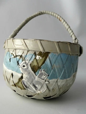 Vintage Basket Hand Painted Gray with Squirrels in Snow 4" Tall Cover