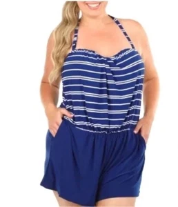 NWT Women’s Robby Len Plus 24W Swimsuit 1pc w/ Shorts Blue White Stripes $60 - Picture 1 of 10
