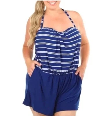 Nuevo con etiquetas Traje de baño para mujer Robby Len Plus 20W 1 pieza con pantalones cortos azul blanco rayas $60 Foto 1 de 4