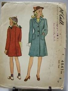 VTG 40's ~ McCall's Pattern #4843 ~ Girl's Coat ~ Size 8 - Picture 1 of 2