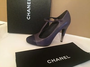 CHANEL Gray Leather Cap Toe Mary Jane TStrap Metal Heel Pumps Shoes Sz39.5 $1095 - Picture 1 of 19
