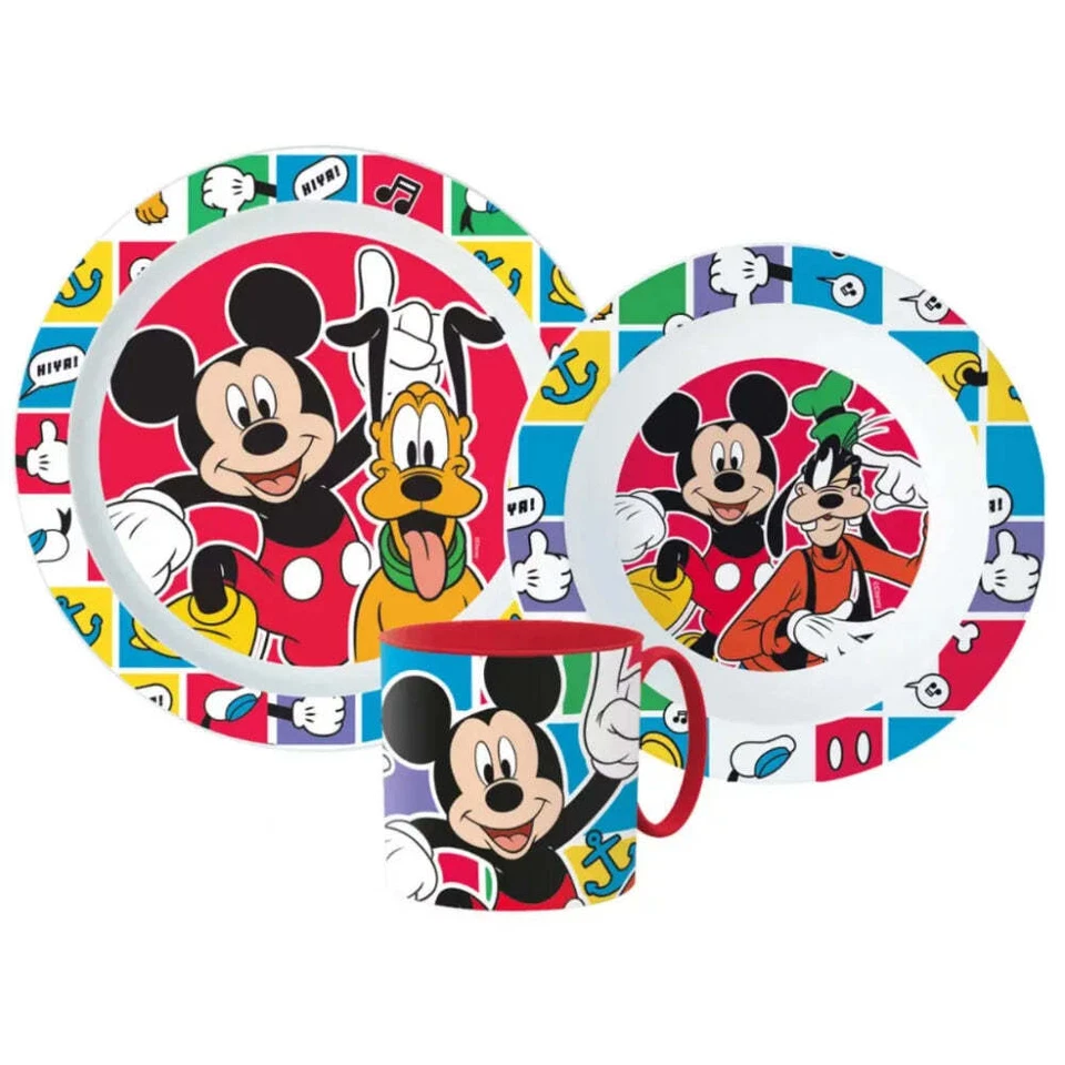 Mickey Maus Pluto Goofy Kinder Geschirr-Set 3 teilig Becher Teller Schüssel - Bild 1 von 1