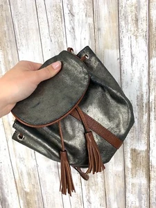 TANO Bronze Gray Metallic Leather Crossbody Tassel Drawstring Bucket Mini Bag - Picture 1 of 11