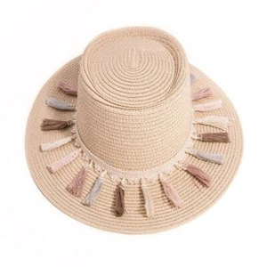 Damen Stroh Sonnenhut Sommer Strand Urlaub breite Krempe mit Quasten - Bild 1 von 1