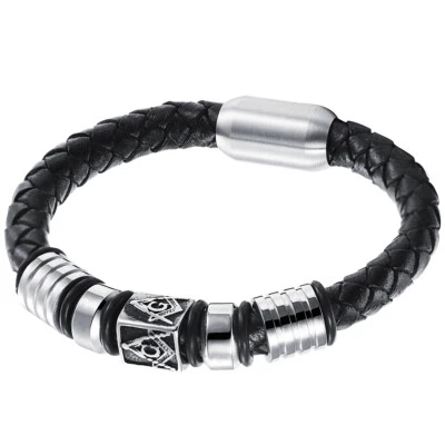 Brazalete brazalete brazalete magnético con cuentas masónicas masónicas de cuero trenzado para hombre Foto 1 de 4