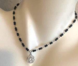 Pentacle Charm 5 Point Star Beaded Chain Necklace Black & Silvertone 16"-17.5" - Picture 1 of 3