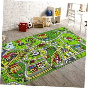 Kids Car Rug Play Mat 79"x39",Car 79 x 39 inches Green Kids Play Rug Rectangle - Picture 1 of 7