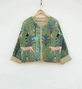 New Indian Green Tiger Velvet Quilted Jacket Handmade Jacket Women's Clothing US - Picture 1 of 5