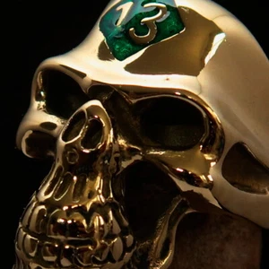 MENS BRASS BIKER SKULL RING LUCKY NUMBER 13 SYMBOL ON FOREHEAD GREEN SIZE 13 - Picture 1 of 7
