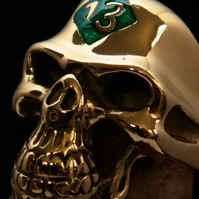 MENS BRASS BIKER SKULL RING LUCKY NUMBER 13 SYMBOL ON FOREHEAD GREEN SIZE 13 - Image 1 of 4