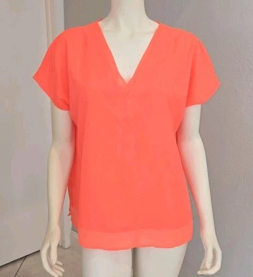 DKNY Womens Coral Sheer Chiffon Trim Vented Hem Short Sleeve V Neck Size LG EUC  - Image 1 of 4