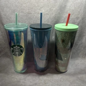 Starbucks 24oz Tumbler 2021 Siren Mermaid 2020 Glitter Christmas Tree Lot Of 3 - Picture 1 of 4