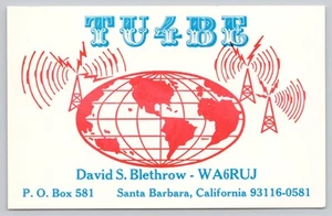 Tarjeta QSL WA6RUJ Ham Radio TU4BE Globo Diseño Santa Bárbara California Postal - Imagen 1 de 2