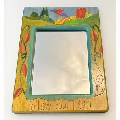 STICKS Sarah Grant Art Painted Wood Wall Mirror Follow Your Heart 2002 16”x12” - Image 1 of 4