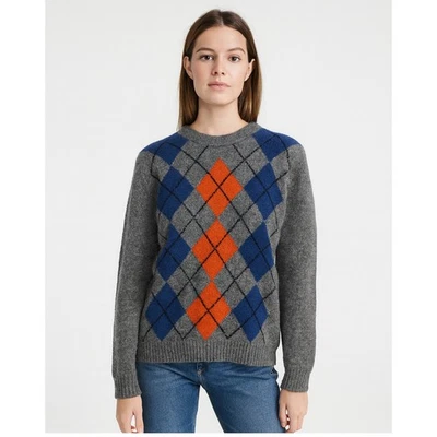 Suéter de Lana XL Abercrombie & Fitch Para Mujer Gris Argyle Azul Naranja Pullover Foto 1 de 4