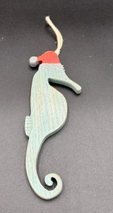 xmas tree  holiday ornament: seahorse w santa hat, wood, beach chic - Picture 1 of 5