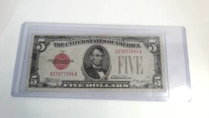 1928 D United States Five Dollar $5 Red Seal Note G57077094 A - Picture 1 of 2
