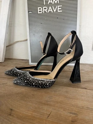 Betsy Johnson VIOLA Pump High Heel Shoes Black Mesh Rhinestones Women's SZ. 7.5 - Image 1 of 4