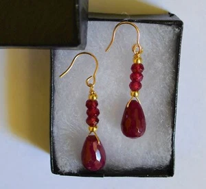 Natural Faceted Red Ruby Drop Dangle Yellow Gold Earrings Handmade - Picture 1 of 4
