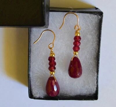 Natural Faceted Red Ruby Drop Dangle Yellow Gold Earrings Handmade - Image 1 of 4