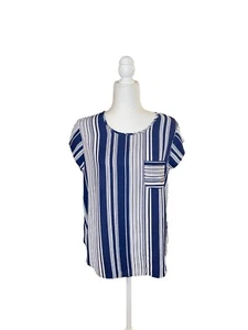 Lily White, boat neck, short sleeve, key hole back, white and navy blue stripes - Picture 1 of 6