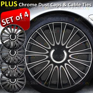 13 Zoll Schwarz Silber Chrom Mitte Auto Radkappen Radzierblenden + 8 Krawatten und 4 Staubkappen - Bild 1 von 7
