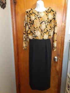 Ms Chaus Women's Vintage Golden Lines Two Tone Yellow Black Dress Size 12 - Picture 1 of 8
