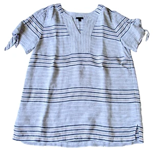 Talbots Women's White Beige Tan Black Stripe 100% Linen Top Blouse Shirt S Small - Picture 1 of 5