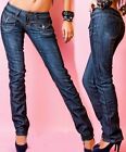 Sexy Miss Donna Anca Jeans Pantaloni Blu Scuro Taglio Basso Used Look Tasche 32