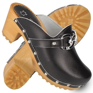 Zuecos de cuero para mujer con tacón zapatos de madera hebilla negro talla 35-41 cloque Bodony - Imagen 1 de 8