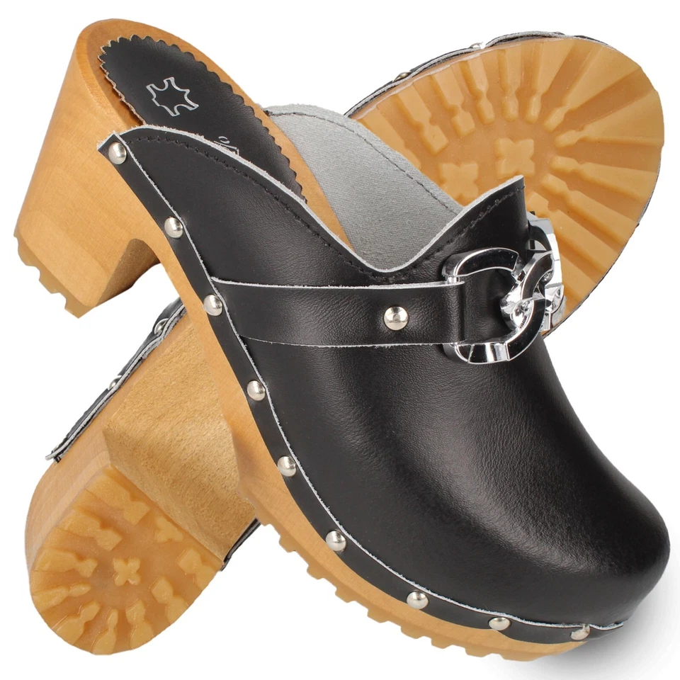 Damen Leder Clogs mit Absatz Holzschuhe Schnalle Schwarz Gr. 35-41 cloque Bodony