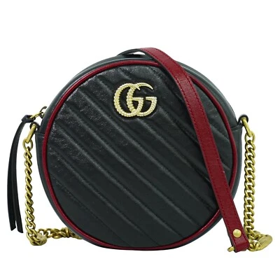 GUCCI GG Marmont 550154 Leather Round Chain Shoulder Bag Black Red Gold - Image 1 of 4