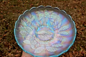 ANTIQUE NORTHWOOD PEACOCK AT THE URN CARNIVAL GLASS ICE CREAM BOWL - ICE BLUE - Picture 1 of 7