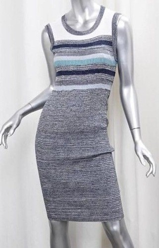 NUOVO Abito Elastico Chanel Fitted Grigio Blu Lurex $1655 Cristalli Perle CC LOGO 40