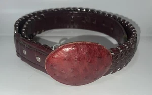 3D DDD Western Mens Belt Ostrich Leather Hand Tooled Brown Red Size 38 - Picture 1 of 11