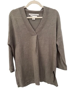 Max Studio Linen V Neck Pullover Sweater Womens L 3/4 Sleeve Green Cozy Staple - Picture 1 of 8