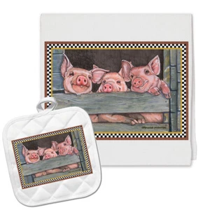 Piglets Farm Kitchen Dish Towel and Pot Holder Gift Set - Picture 1 of 1